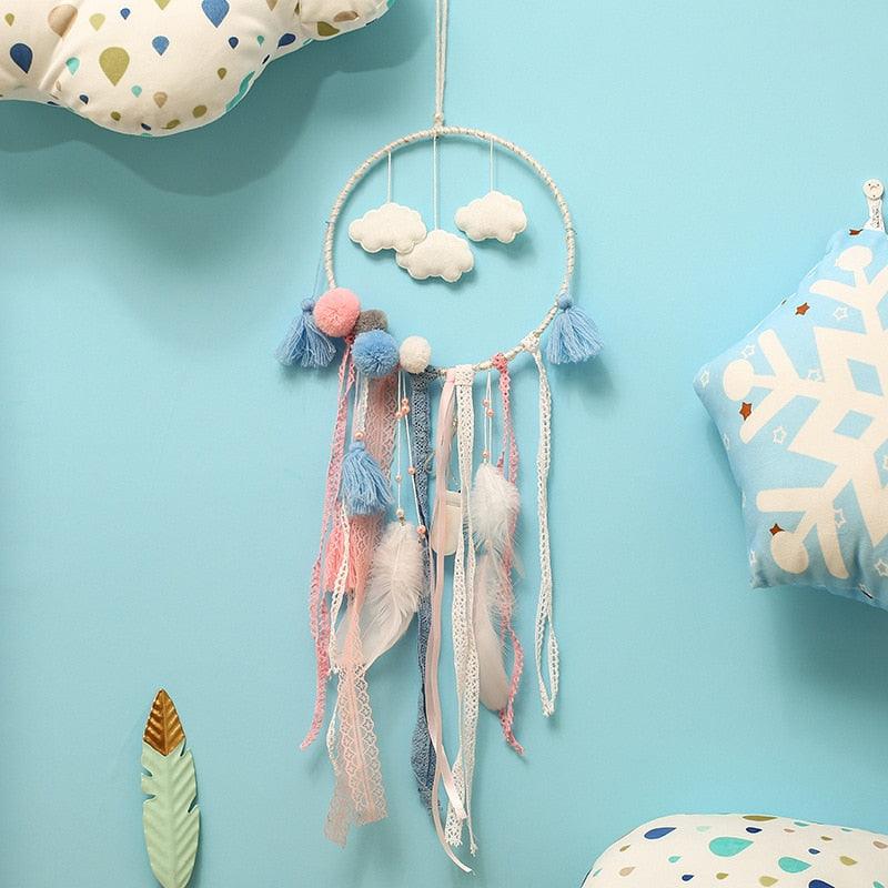 Decoration Home Dream Catchers Hanging Wall Decor Art Pendant Handmade Traditional White Cloud Dream Catcher With Led String Lights Wall Hanging Kids Room Decor Nursery Wall Art Ornament Decor Craft Gift Cute Wind Chimes National Feather Kids Girls