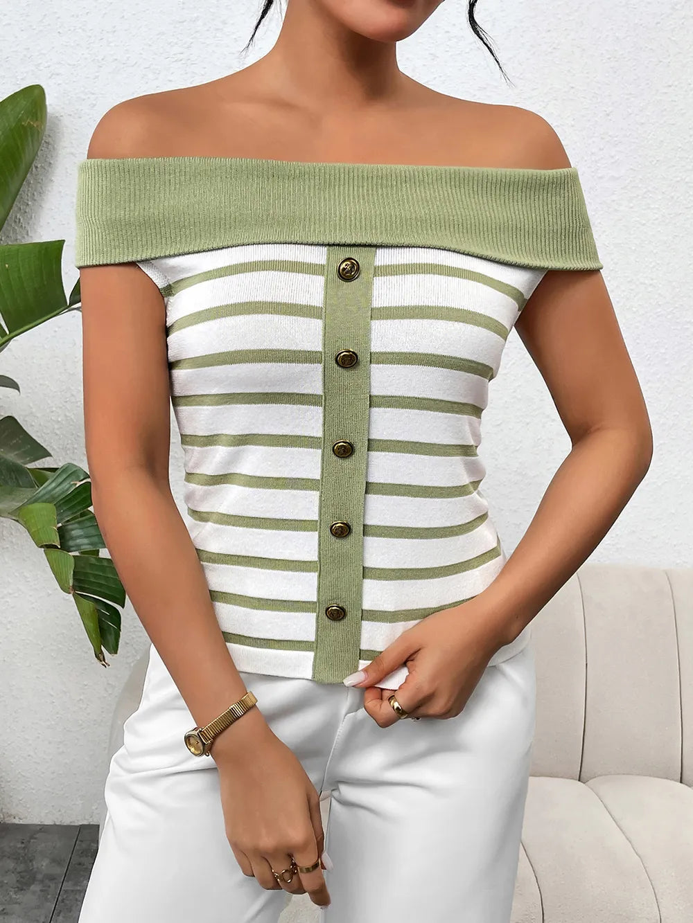 Decorative Button Striped Off-Shoulder Knit Top