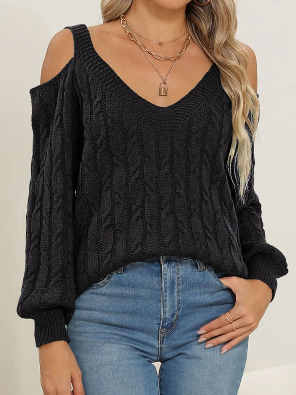 Deep V-neck sexy off shoulder loose pullover sweater for women top