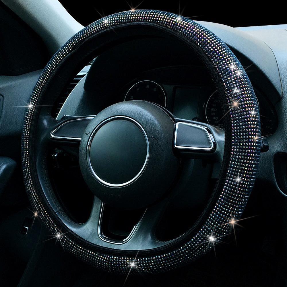 Diamond Leather Steering Wheel Cover Rhinestones Steering Wheel Cover With Crystal Breathable Anti-Slip Steering Wheel Protector Diamond Sparkling Car Steering Wheel Protector Vehicle Car Bling Steering Wheel Cover for Women Girls