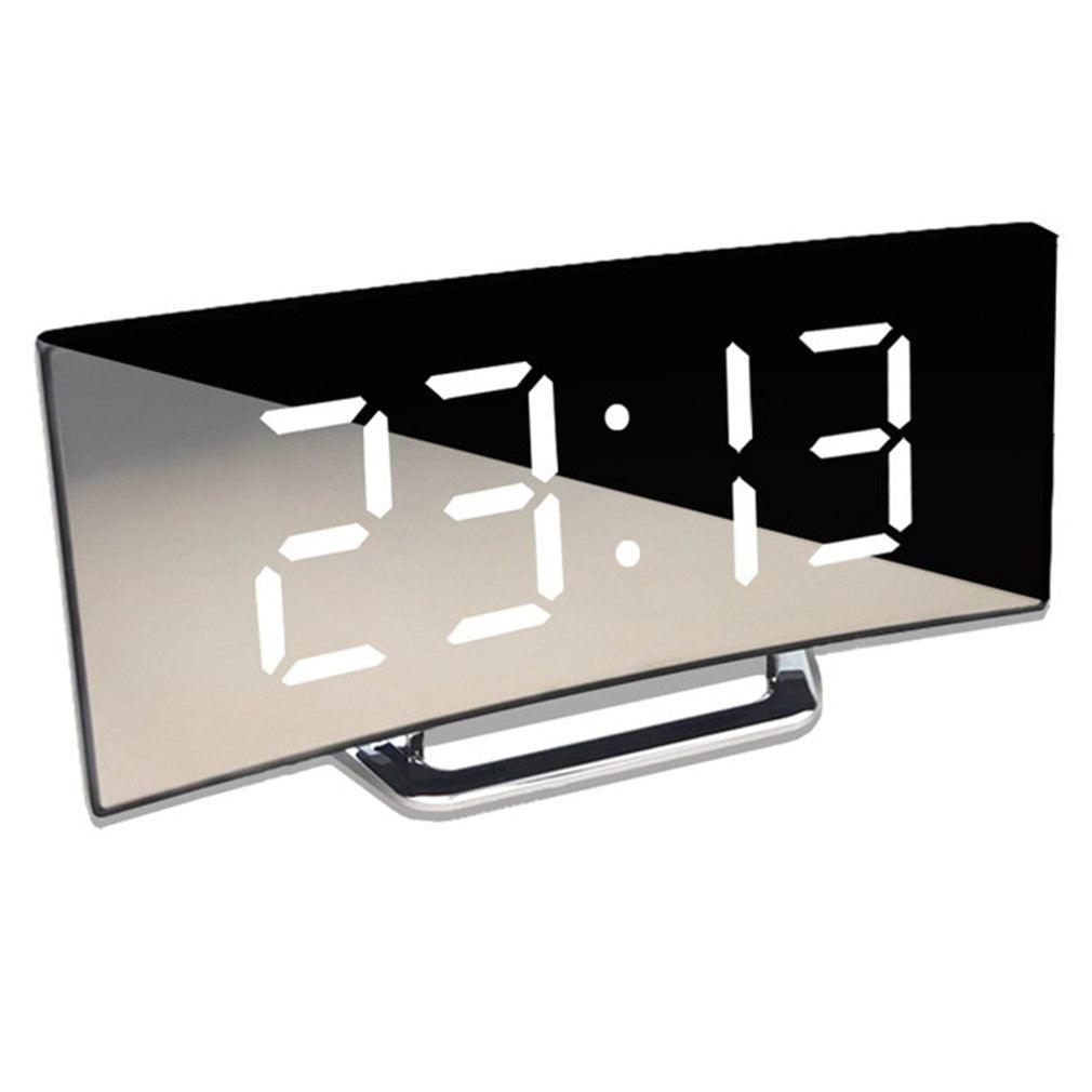 Digital Alarm Clock Digital Clock Large Display LED Alarm Electric Clocks Mirror Surface 3 Levels Brightness Dual USB LED Curved Surface Mirror Electronic Table Clock Large Screen Snooze Desktop Clock For Home Decoration