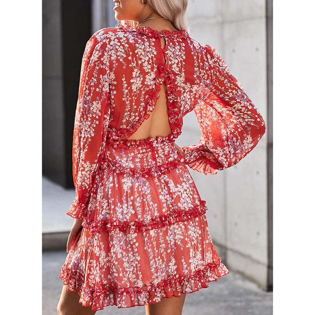 Dokotoo Womens Spring Summer Deep V Neck Ruffle Long Sleeve Floral Print Mini Dress