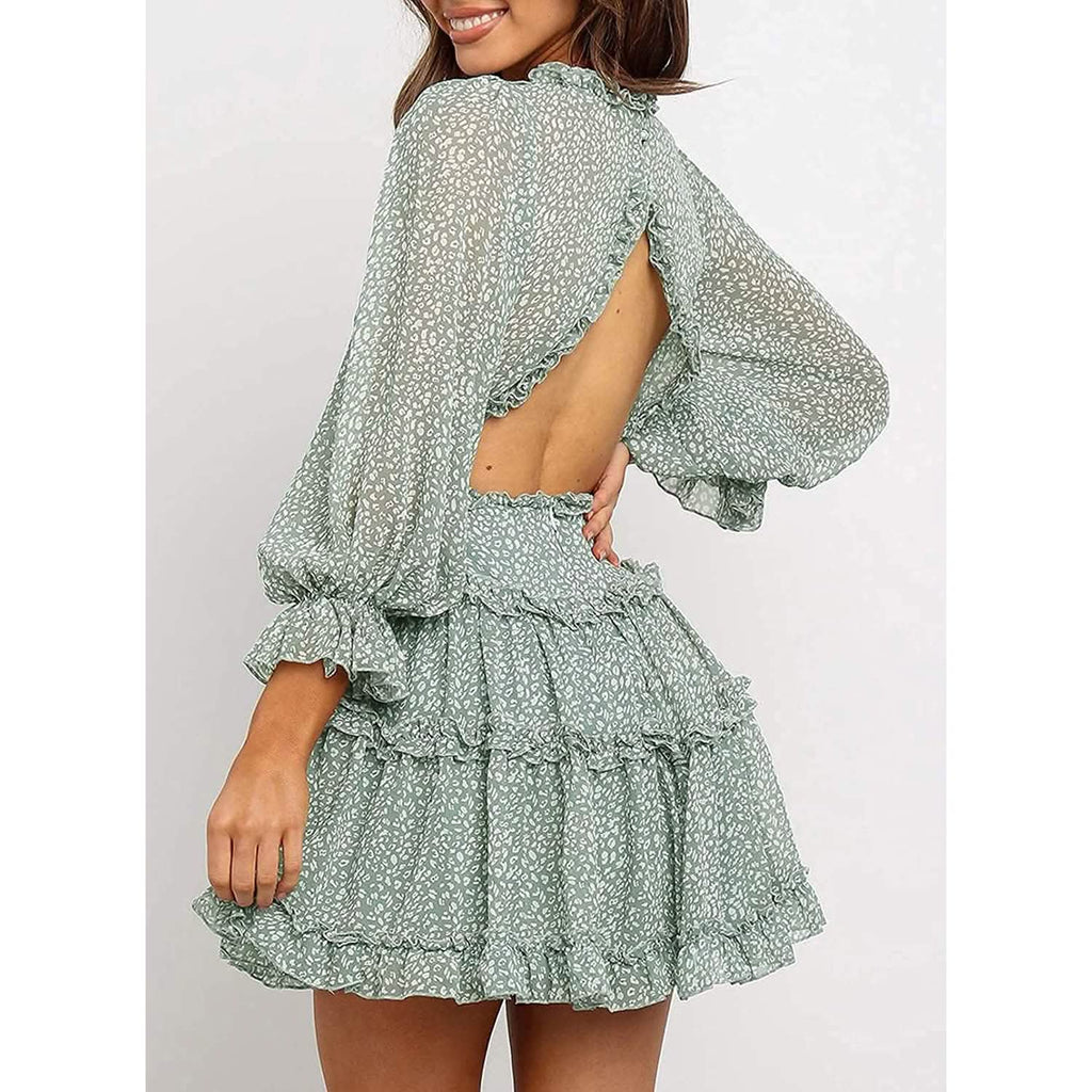 Dokotoo Womens Spring Summer Deep V Neck Ruffle Long Sleeve Floral Print Mini Dress