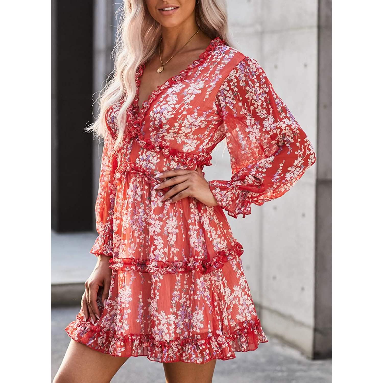 Dokotoo Womens Spring Summer Deep V Neck Ruffle Long Sleeve Floral Print Mini Dress