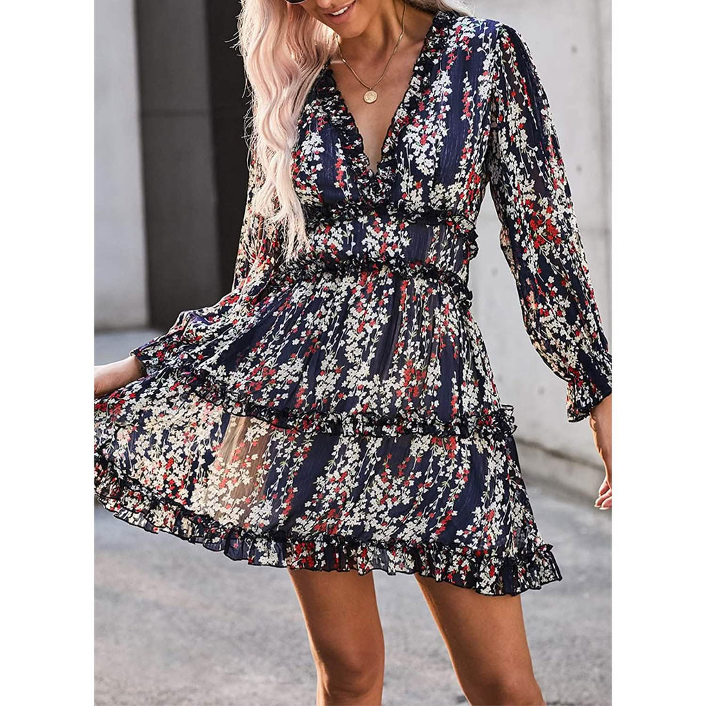 Dokotoo Womens Spring Summer Deep V Neck Ruffle Long Sleeve Floral Print Mini Dress