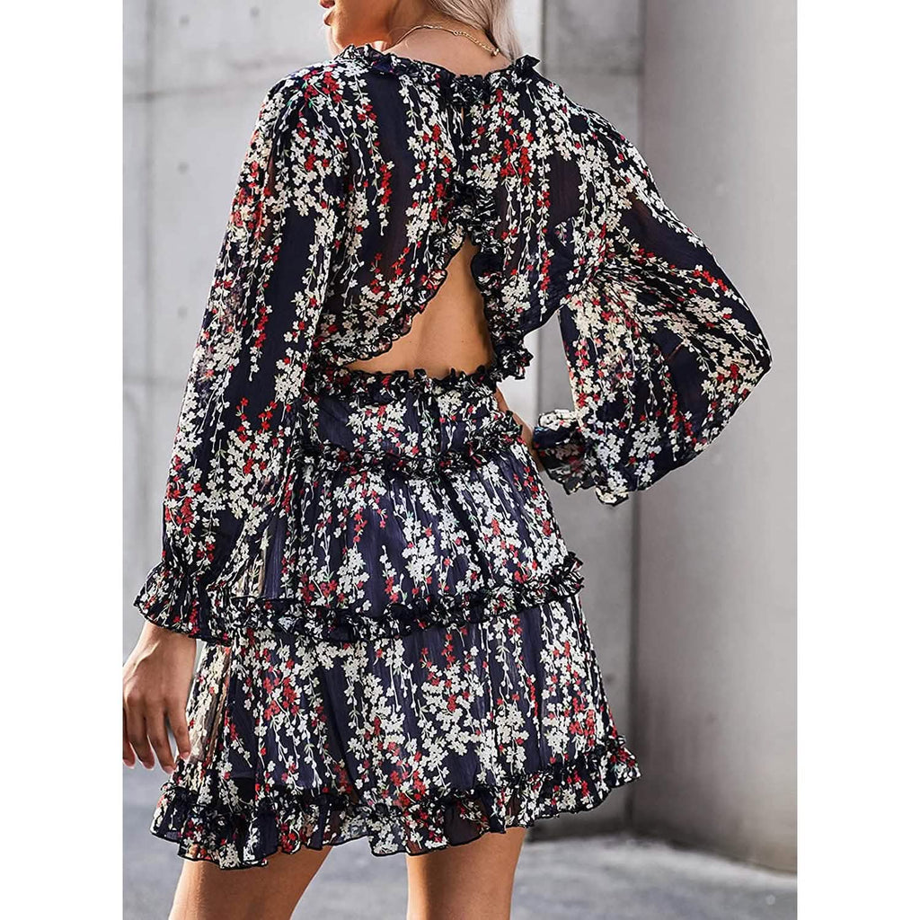 Dokotoo Womens Spring Summer Deep V Neck Ruffle Long Sleeve Floral Print Mini Dress