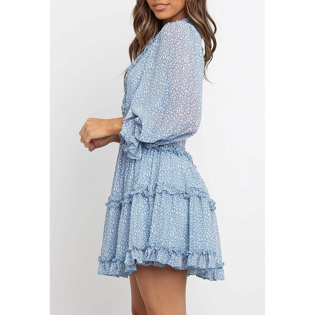 Dokotoo Womens Spring Summer Deep V Neck Ruffle Long Sleeve Floral Print Mini Dress