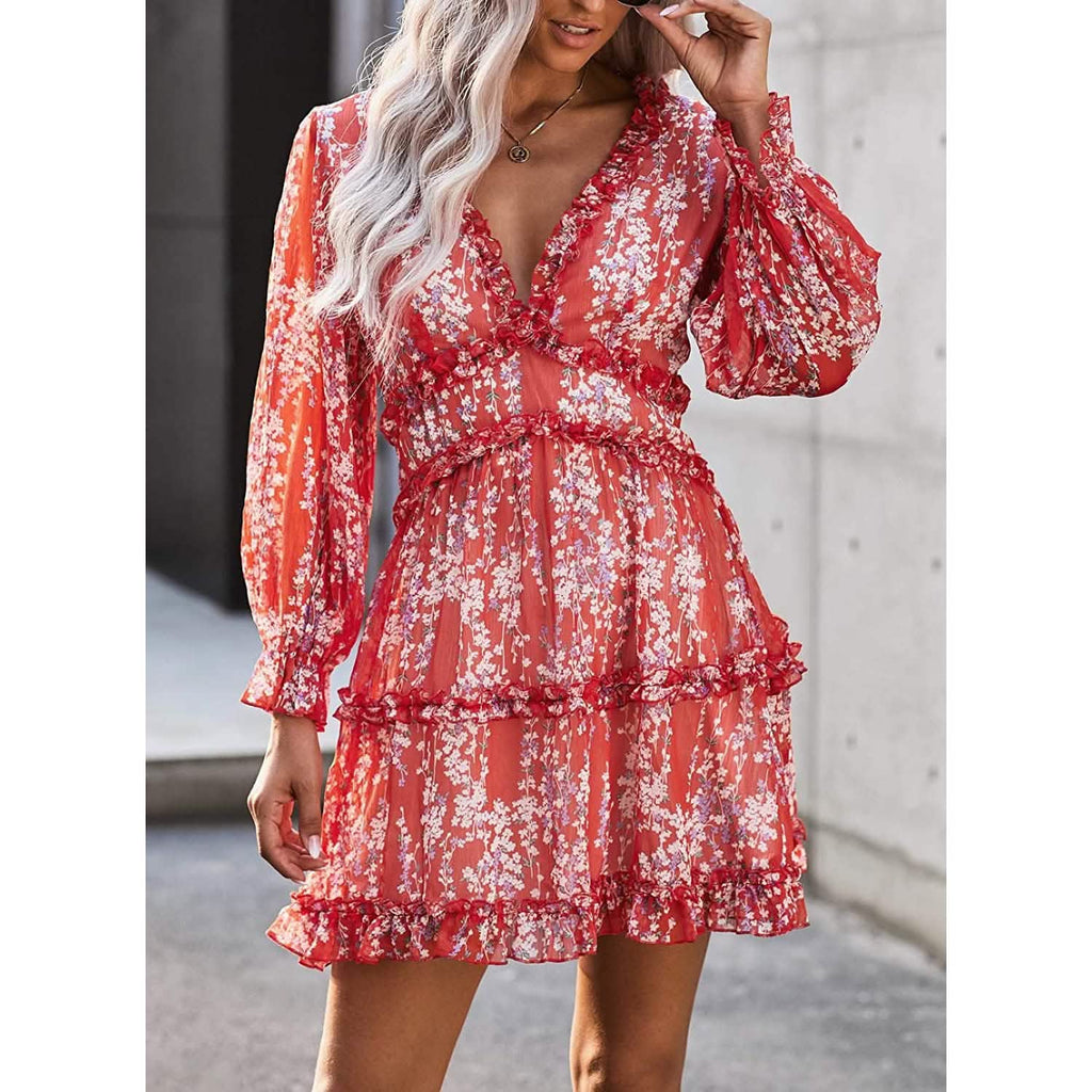 Dokotoo Womens Spring Summer Deep V Neck Ruffle Long Sleeve Floral Print Mini Dress