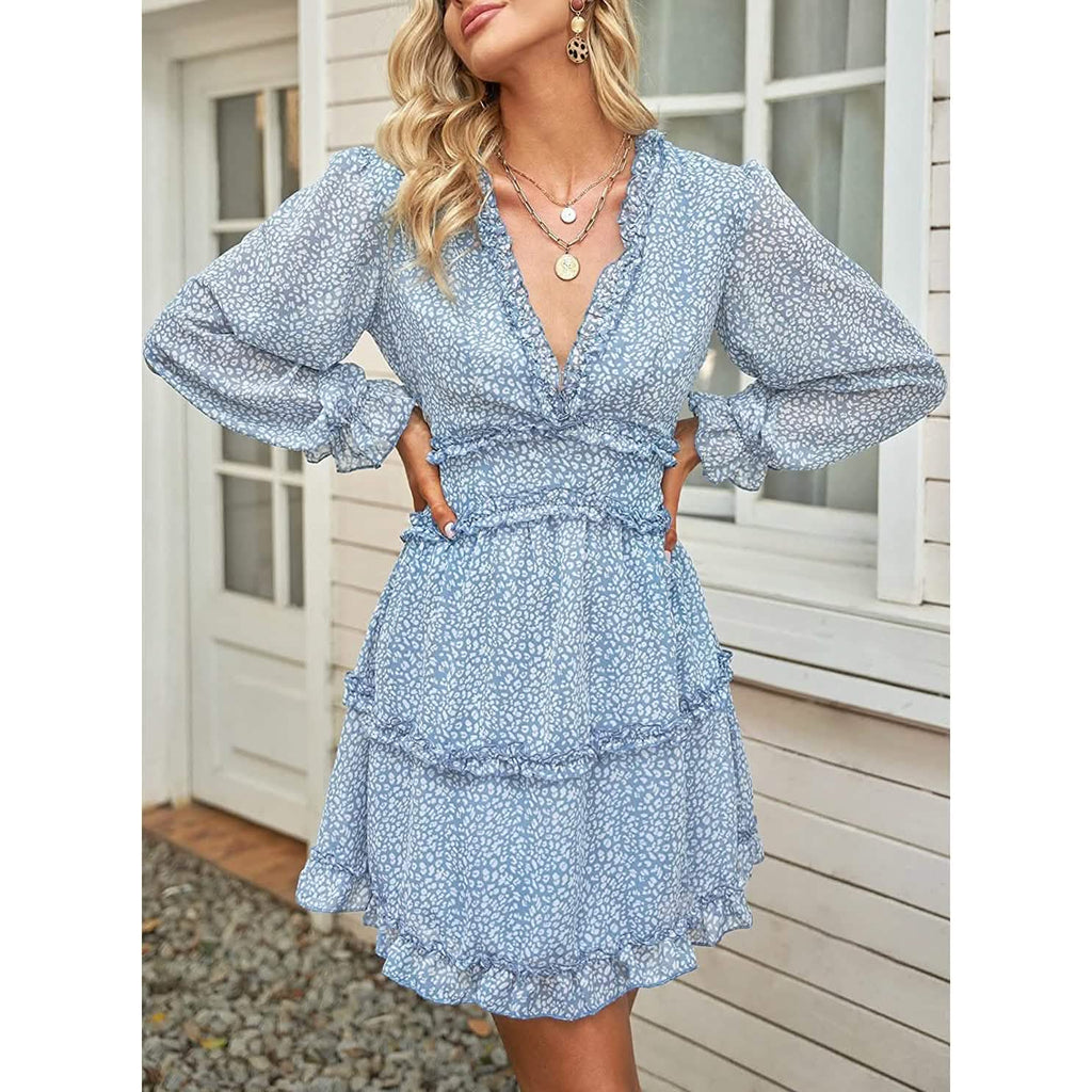 Dokotoo Womens Spring Summer Deep V Neck Ruffle Long Sleeve Floral Print Mini Dress