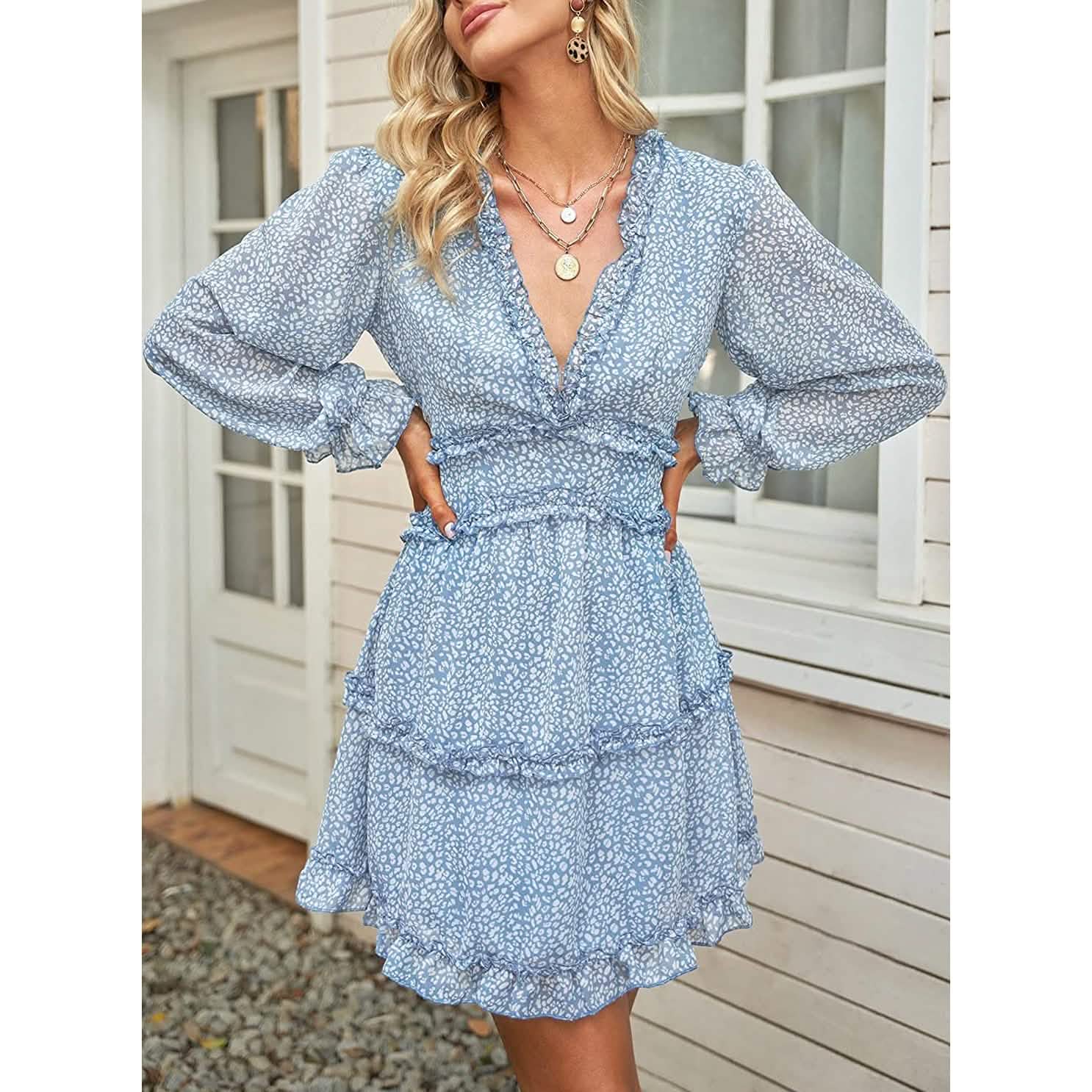 Dokotoo Womens Spring Summer Deep V Neck Ruffle Long Sleeve Floral Print Mini Dress