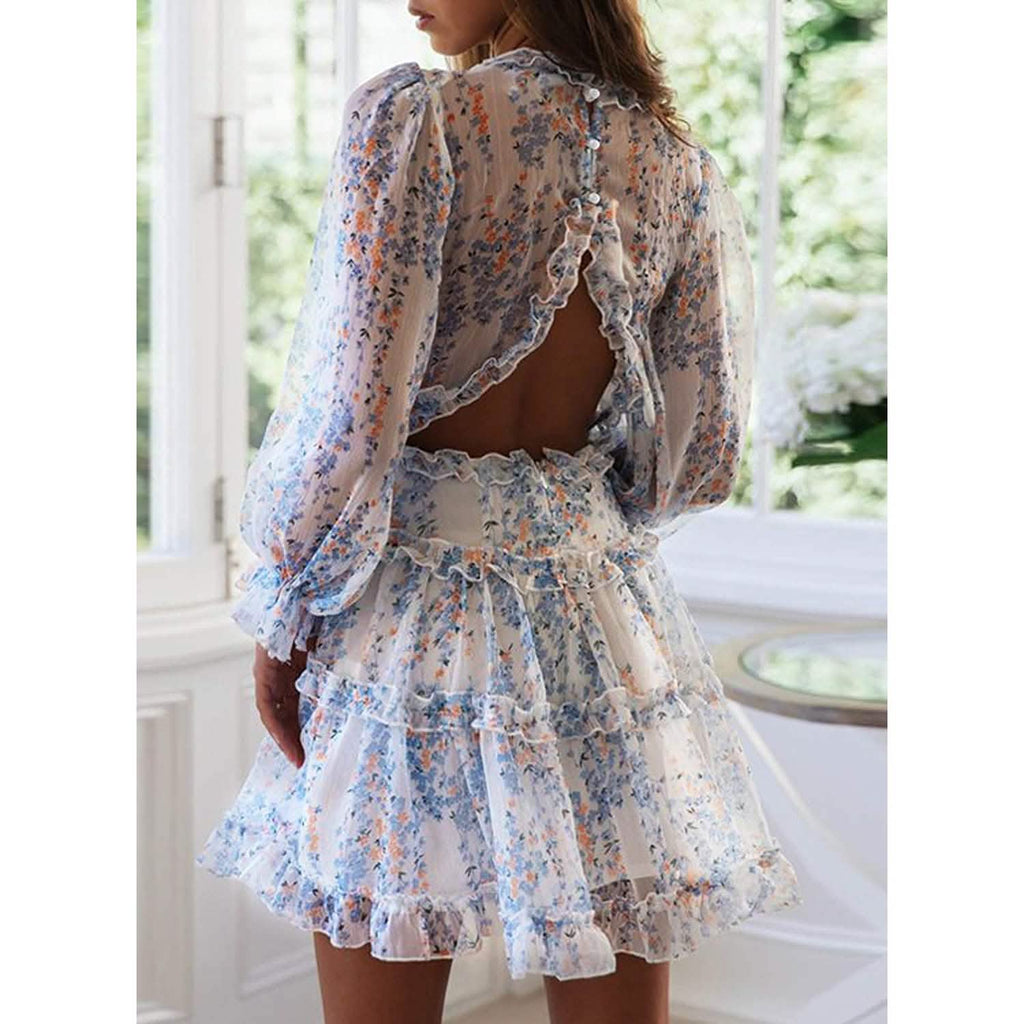 Dokotoo Womens Spring Summer Deep V Neck Ruffle Long Sleeve Floral Print Mini Dress