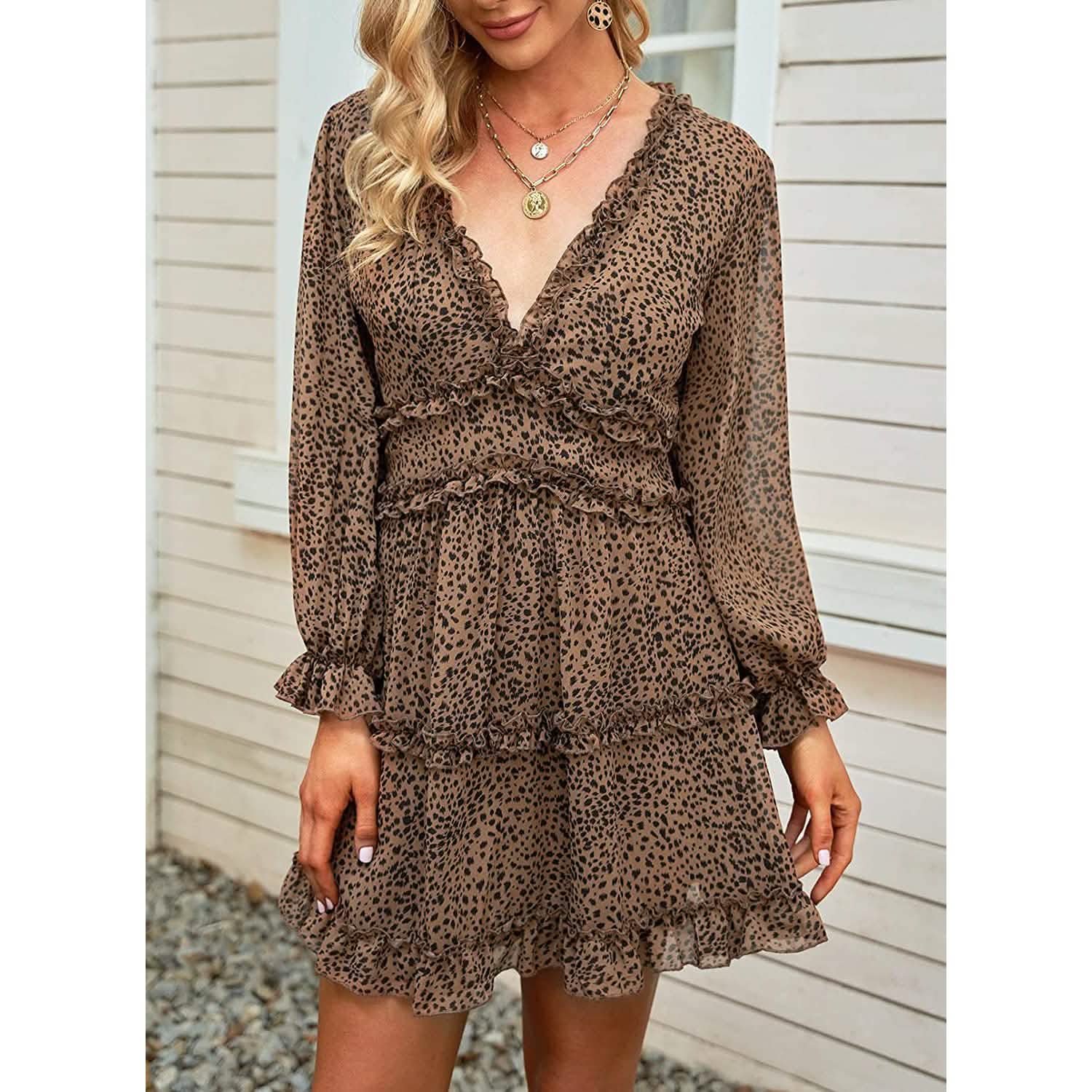 Dokotoo Womens Spring Summer Deep V Neck Ruffle Long Sleeve Floral Print Mini Dress
