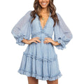 Dokotoo Womens Spring Summer Deep V Neck Ruffle Long Sleeve Floral Print Mini Dress