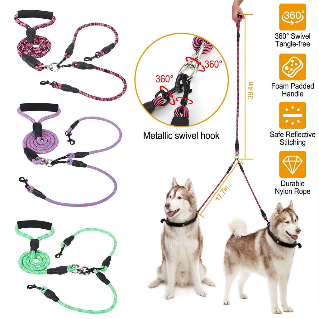 Double Dog Leash No-Tangle with Swivel Coupler Padded Handle