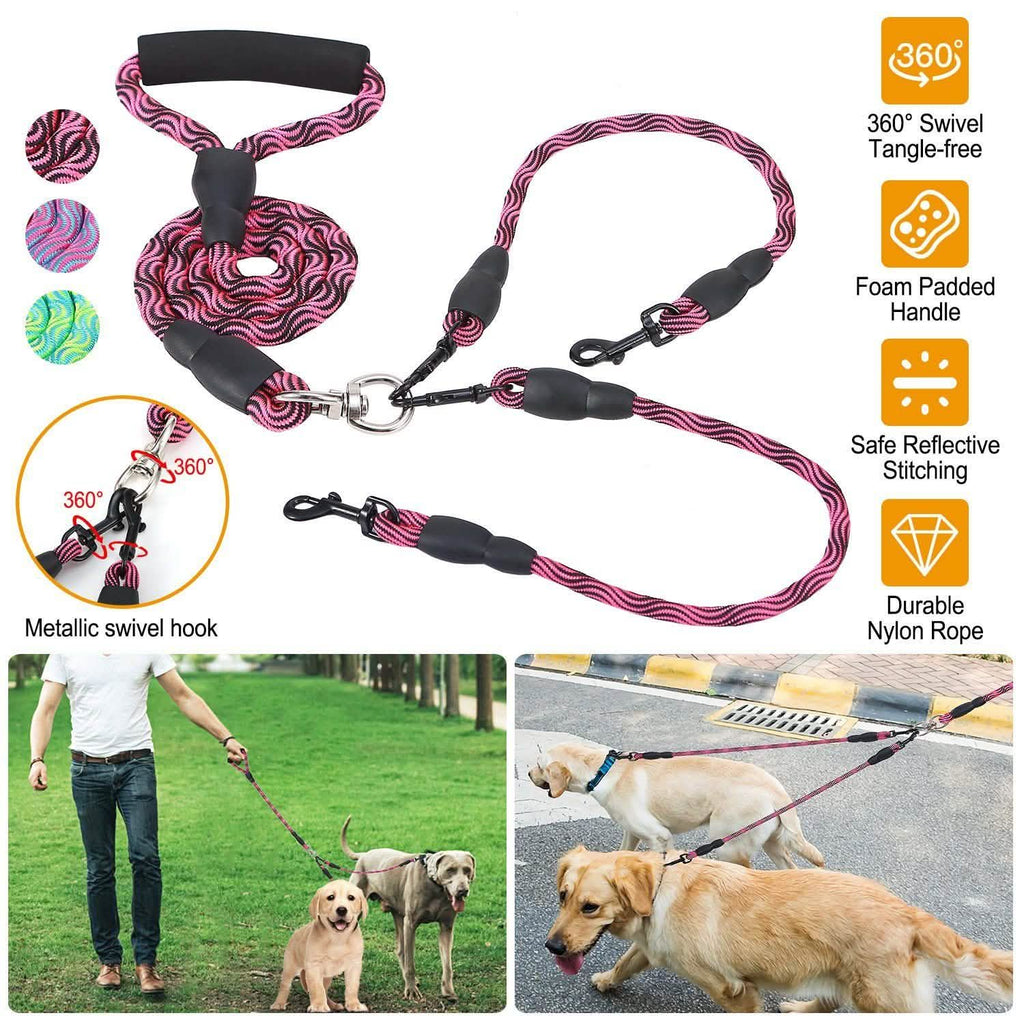 Double Dog Leash No-Tangle with Swivel Coupler Padded Handle