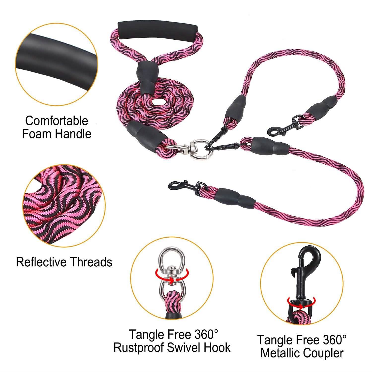 Double Dog Leash No-Tangle with Swivel Coupler Padded Handle