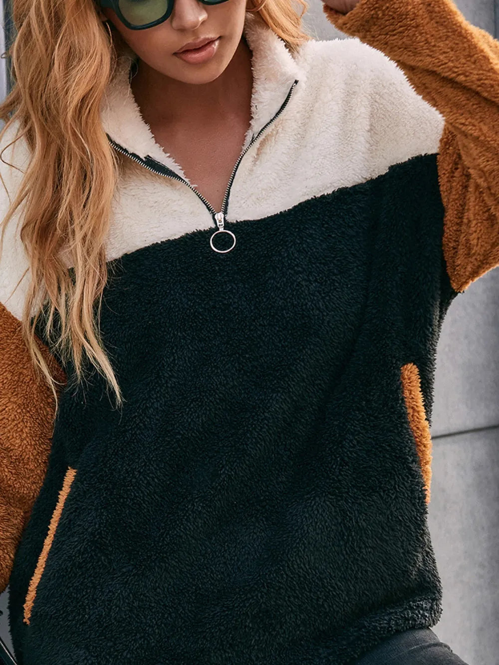 Double sided plush contrasting patch pocket hoodie color blocked plush top for women