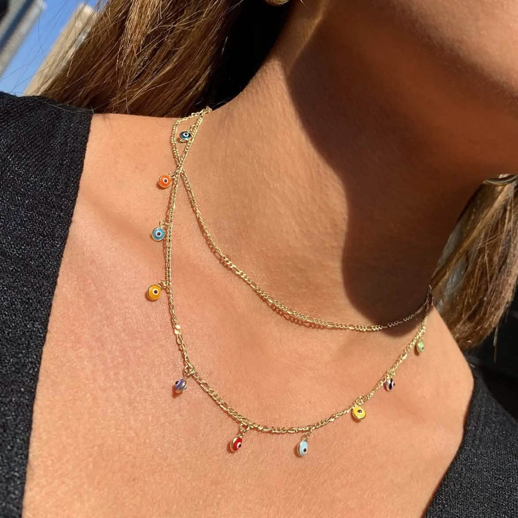 Double Strand Figaro Evil Eye Drop Necklace