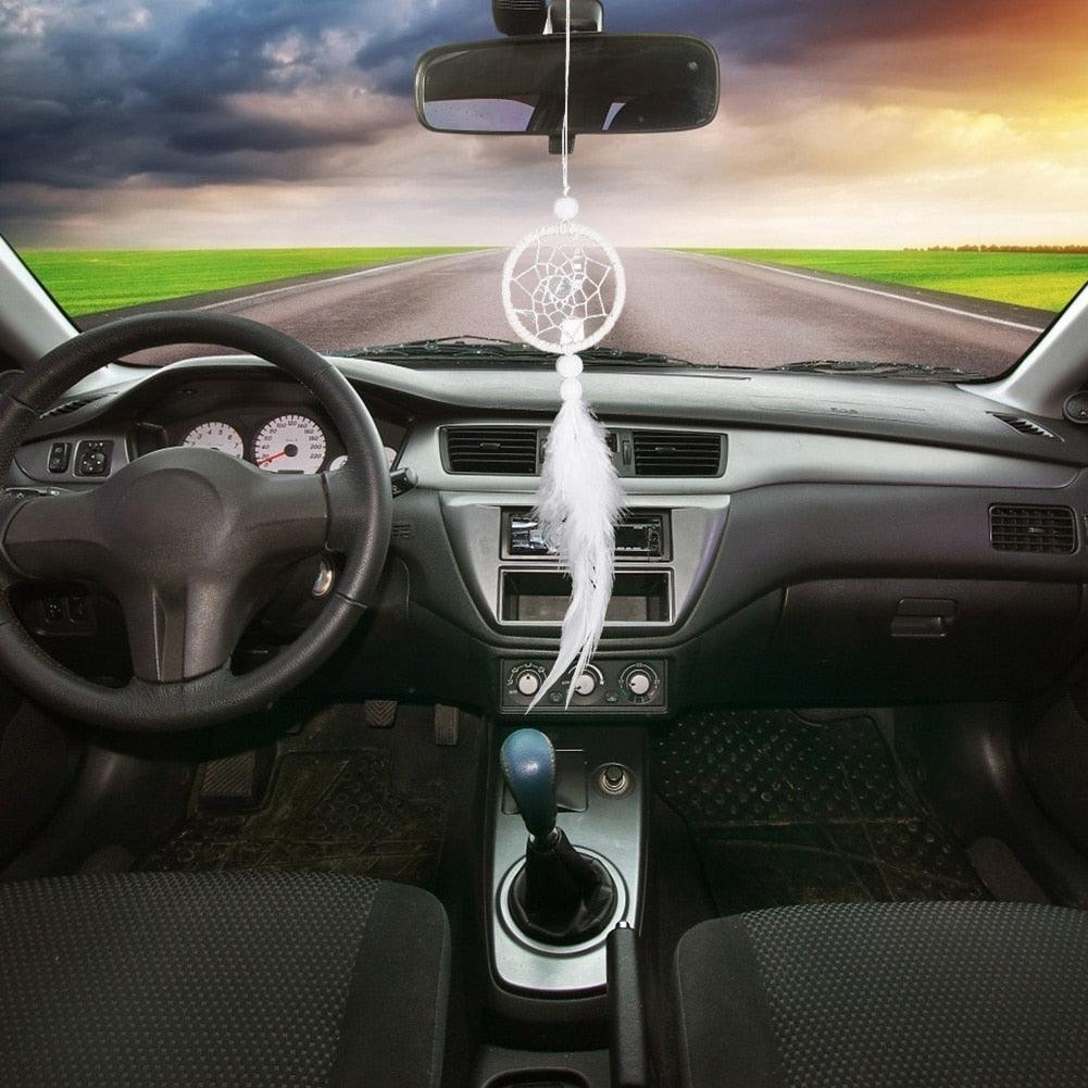 Dream Catcher Cars Rear View Mirror Mini Pure White Small Feather Wind Chimes Wall Hanging Decor Handmade Catcher Feather Wall Hanging Decorations Car Charm Ornament Pendant