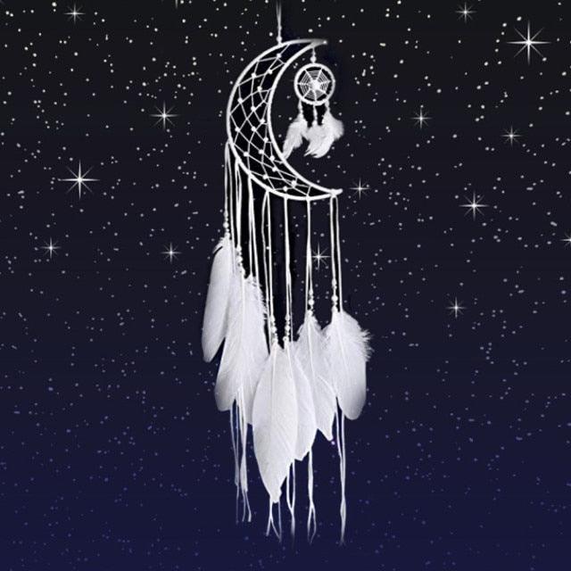Dream Catcher Wall Decor with White Feathers Indian Style Dream-catcher Moon Handmade Wind Chimes Wall Ornament Girls Room Decoration Feather Dream Catcher For Kids Women Wedding Bohemian Wall Decor