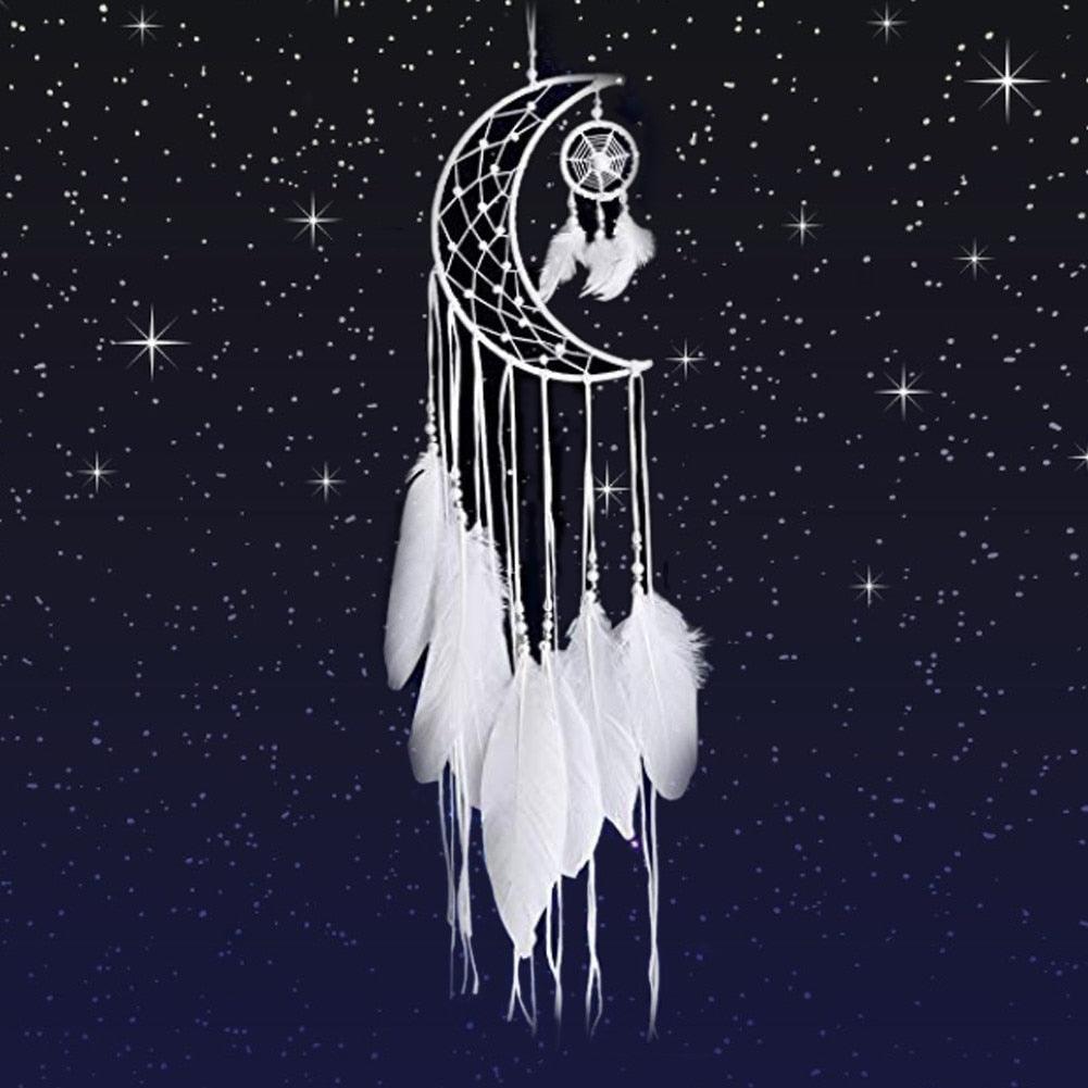 Dream Catcher Wall Decor with White Feathers Indian Style Dream-catcher Moon Handmade Wind Chimes Wall Ornament Girls Room Decoration Feather Dream Catcher For Kids Women Wedding Bohemian Wall Decor