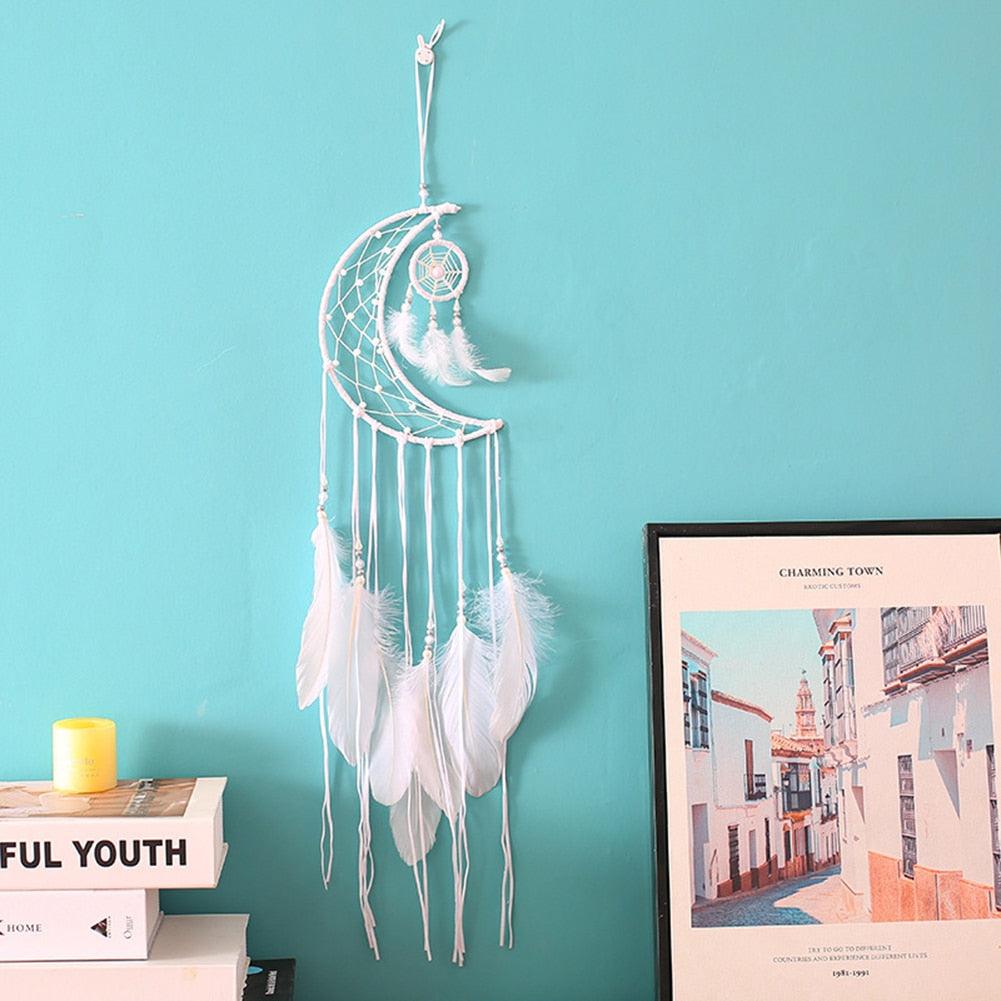 Dream Catcher Wall Decor with White Feathers Indian Style Dream-catcher Moon Handmade Wind Chimes Wall Ornament Girls Room Decoration Feather Dream Catcher For Kids Women Wedding Bohemian Wall Decor
