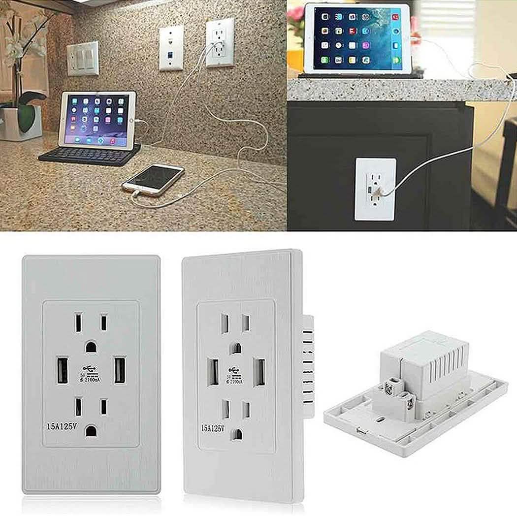 Dual Plug Electric Wall Socket Adapter 2 Usb Port Outlet Panel Switch