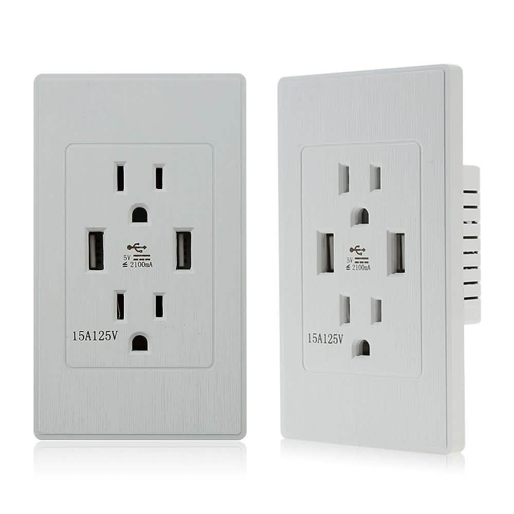 Dual Plug Electric Wall Socket Adapter 2 Usb Port Outlet Panel Switch