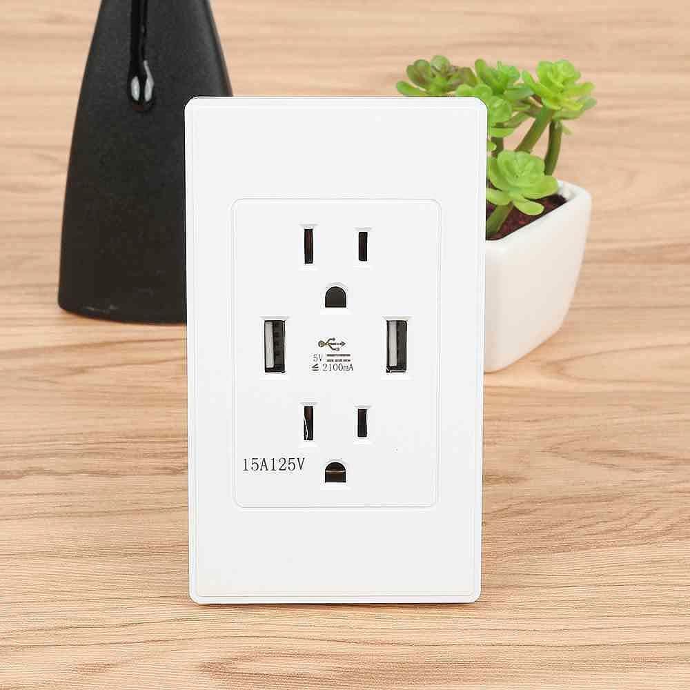 Dual Plug Electric Wall Socket Adapter 2 Usb Port Outlet Panel Switch