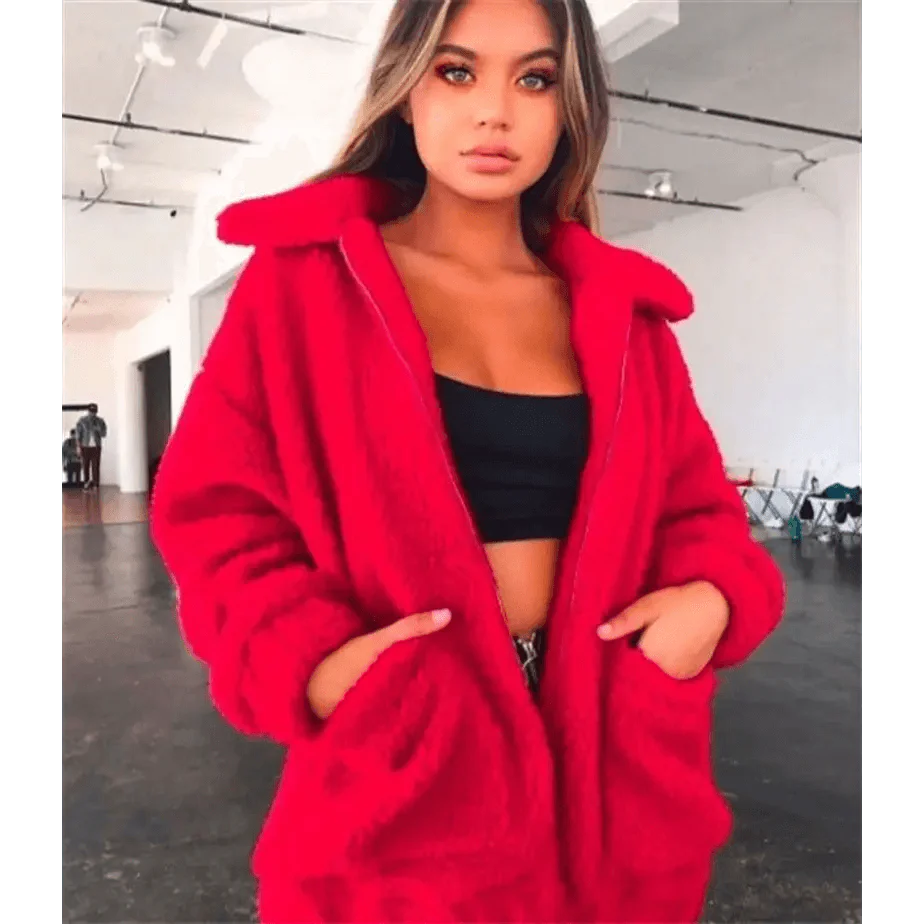 Durable Autumn Winter Faux Fur Coat For Women Casual Warm Soft Zipper Fur Jacket Plush Overcoat Pocket Plus Size Teddy Coat For Female