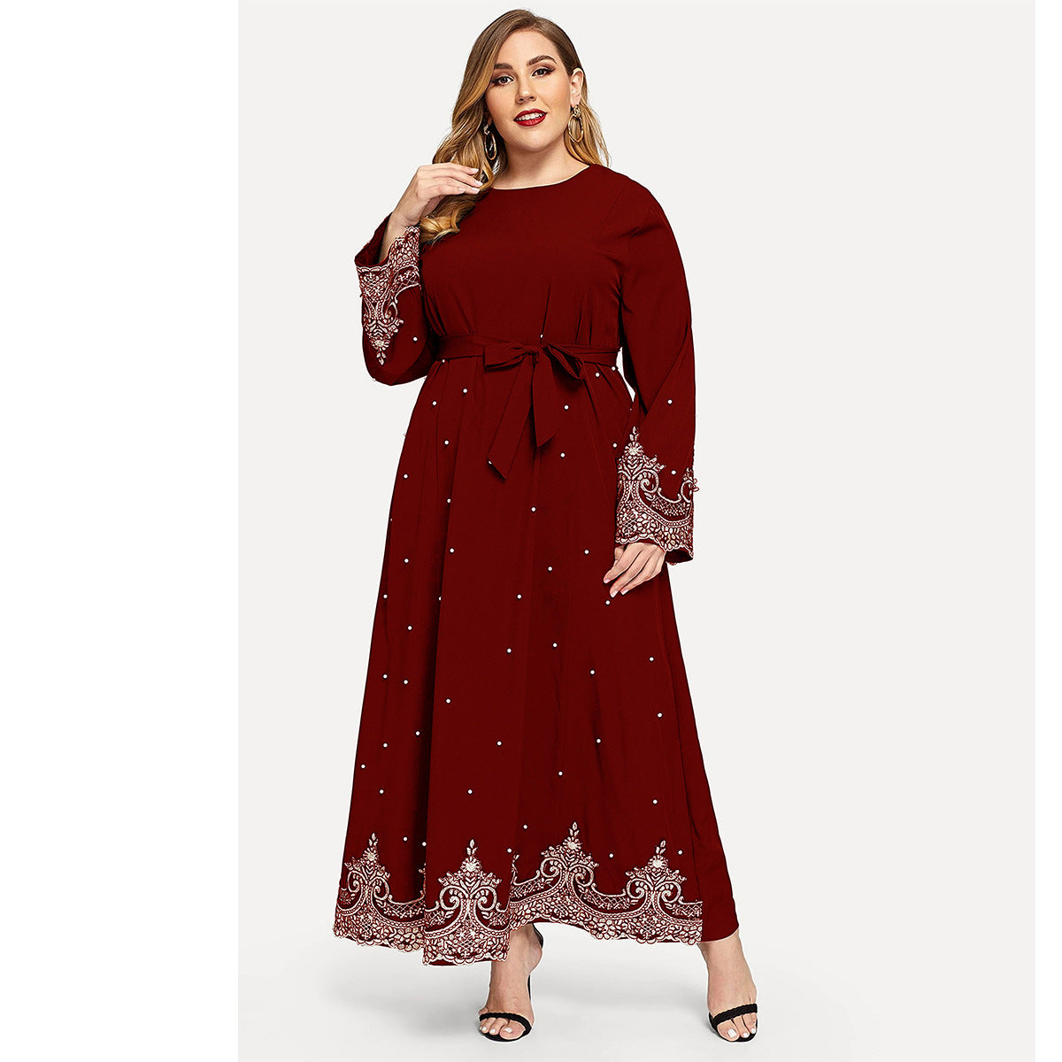 Hot Sale Embroidered Bead Long Sleeve Plus Size Women's Dress