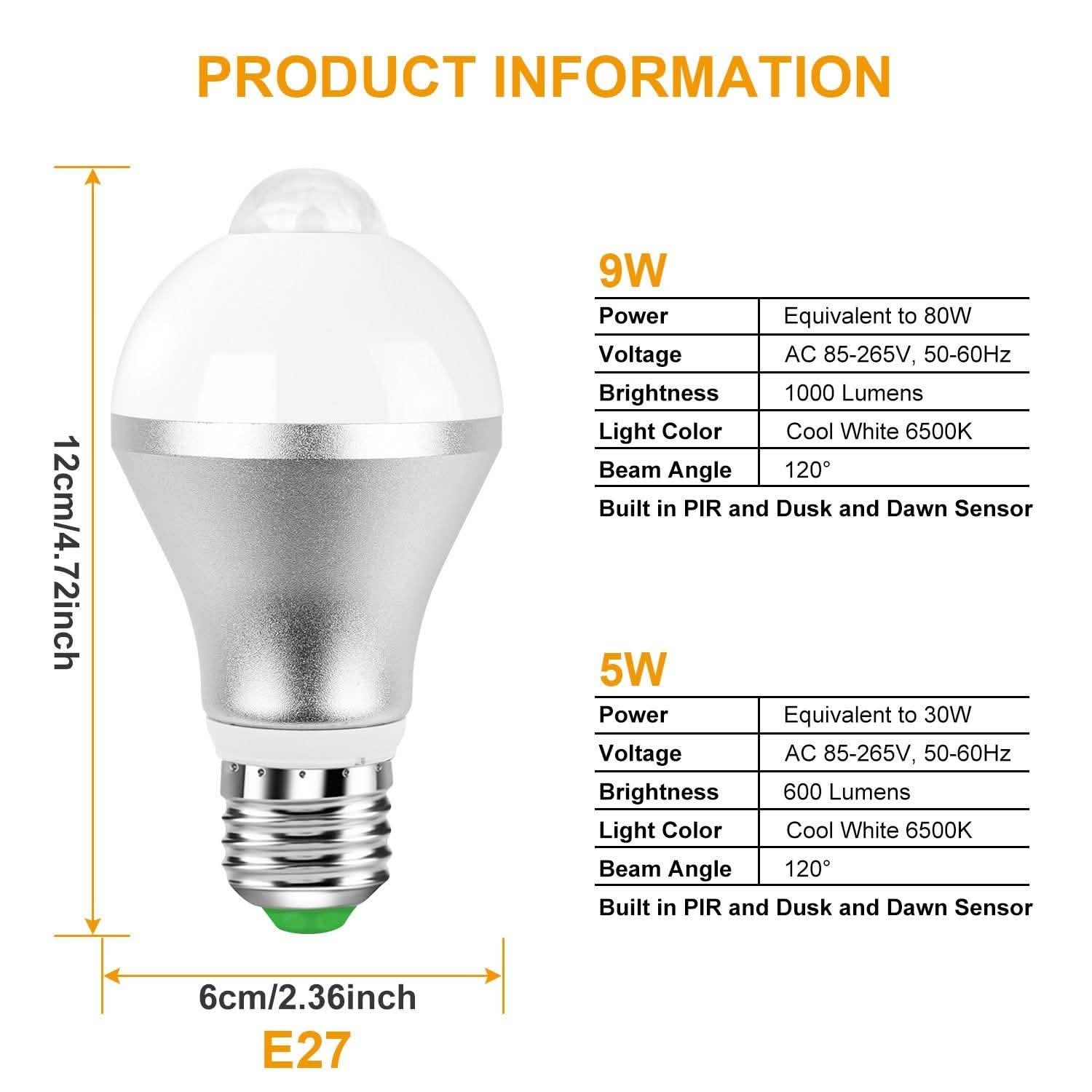 E27 Motion Sensor Light Bulb 1000LM 6500K Dust to Dawn Automatic