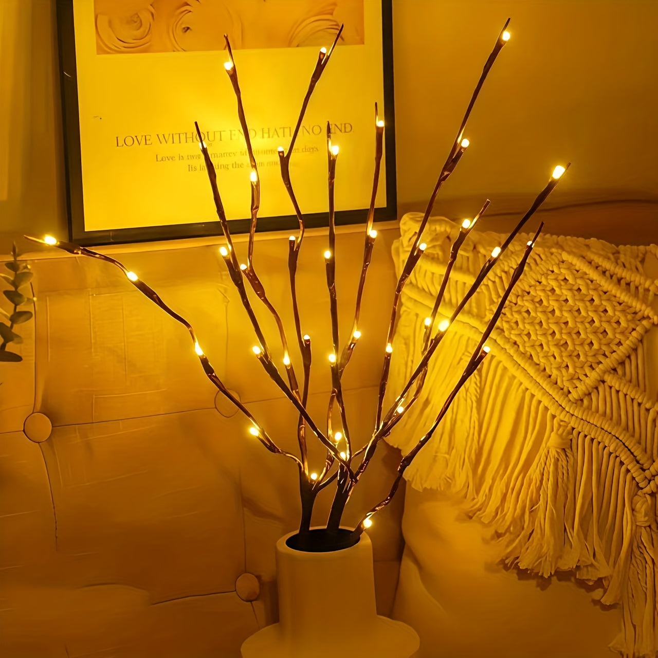 2pcs Set of Artificial Tree Branch LED Lights - Battery-Powered, 20 Leds Per Vase, Vase-Filled Decorative Lights for Home, Romantic Bedside Lamp, Christmas, Halloween, Thanksgiving, Hanukkah, Wedding, Valentine'S Day, Metal &