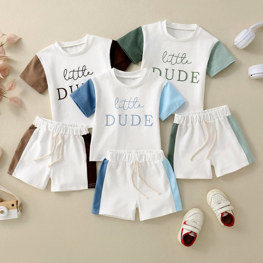 Children's Short Sleeve Color Contrast Patchwork English Printed T-shirt Suit