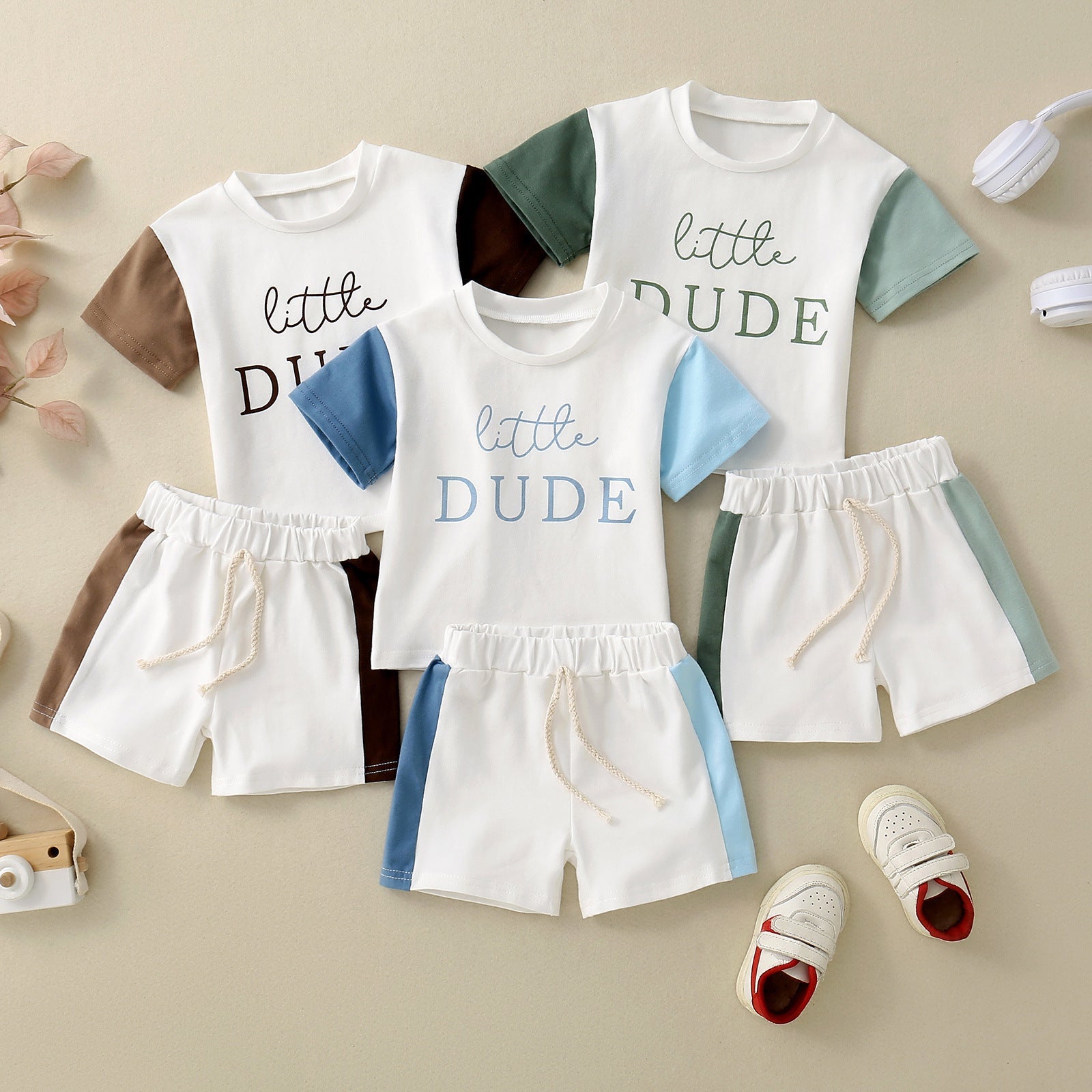 Children's Short Sleeve Color Contrast Patchwork English Printed T-shirt Suit