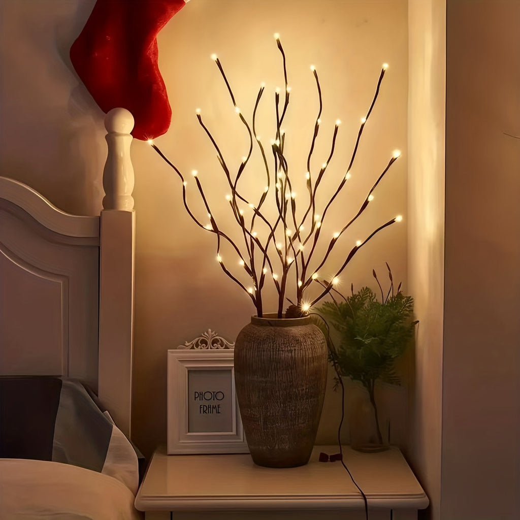 2pcs Set of Artificial Tree Branch LED Lights - Battery-Powered, 20 Leds Per Vase, Vase-Filled Decorative Lights for Home, Romantic Bedside Lamp, Christmas, Halloween, Thanksgiving, Hanukkah, Wedding, Valentine'S Day, Metal &