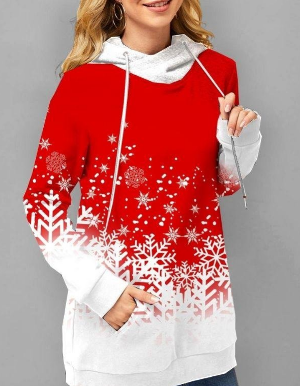 Women Printed Plus Size Stitching Hooded Long Sleeves