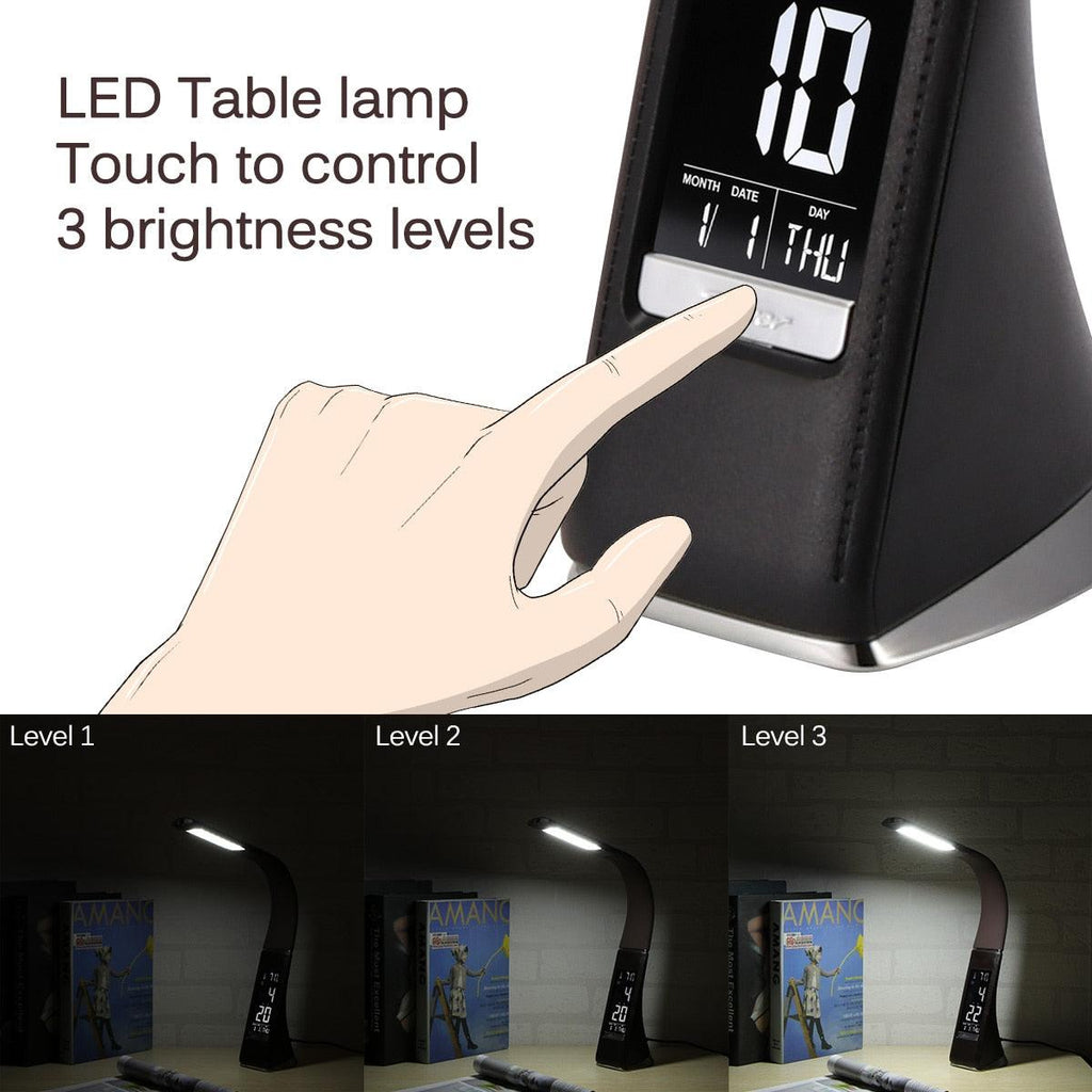 Eco-friendly LED Desk Lamp Multifunction Dimmable Reading Lamp With Calendar Temperature Alarm Clock for Office Bedroom Dorm Decorative Table Lamp Cute Study Lamps for Bedroom Décor