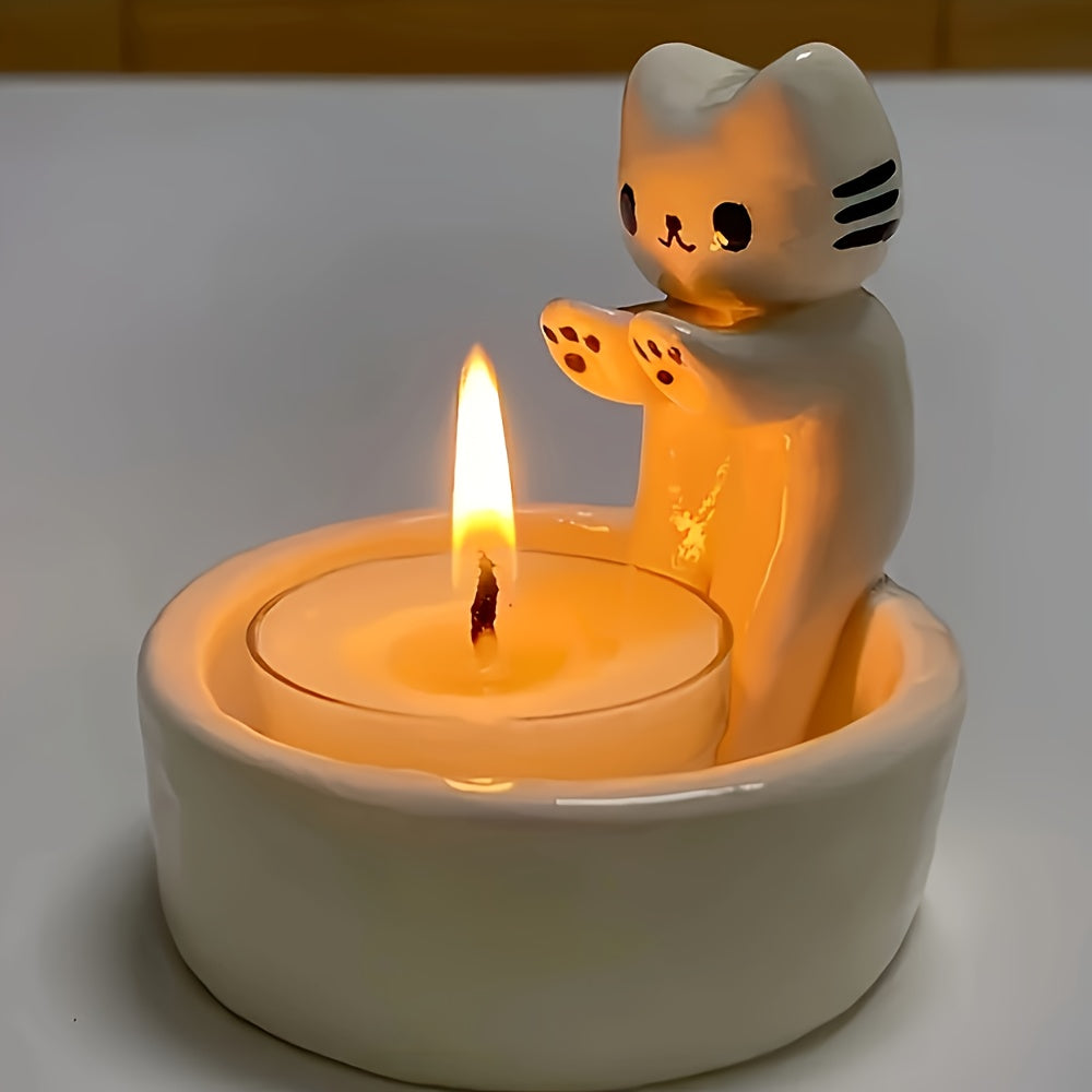 1pc WhimsyCat Ceramic Kitten Candle Holder - Encaustic Finish Tabletop Animal Theme Decor for Christmas, Halloween, Easter, Thanksgiving, Valentine'S Day