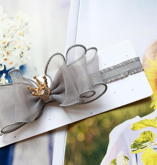 Luxury Modern Pearl Handmade Baby Girls Bowknot Crown Headband Lace Elastic Hair Band Bow For Girls Baby