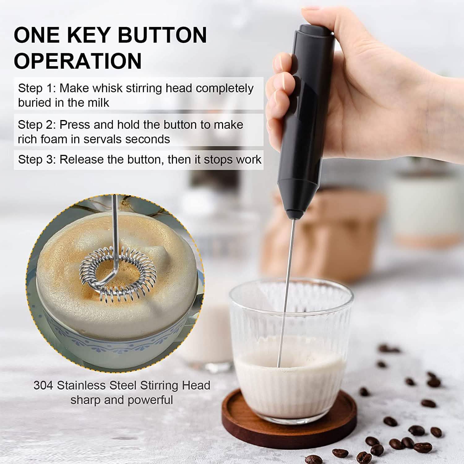 Electric Milk Frother Handheld with Stainless Steel Stand