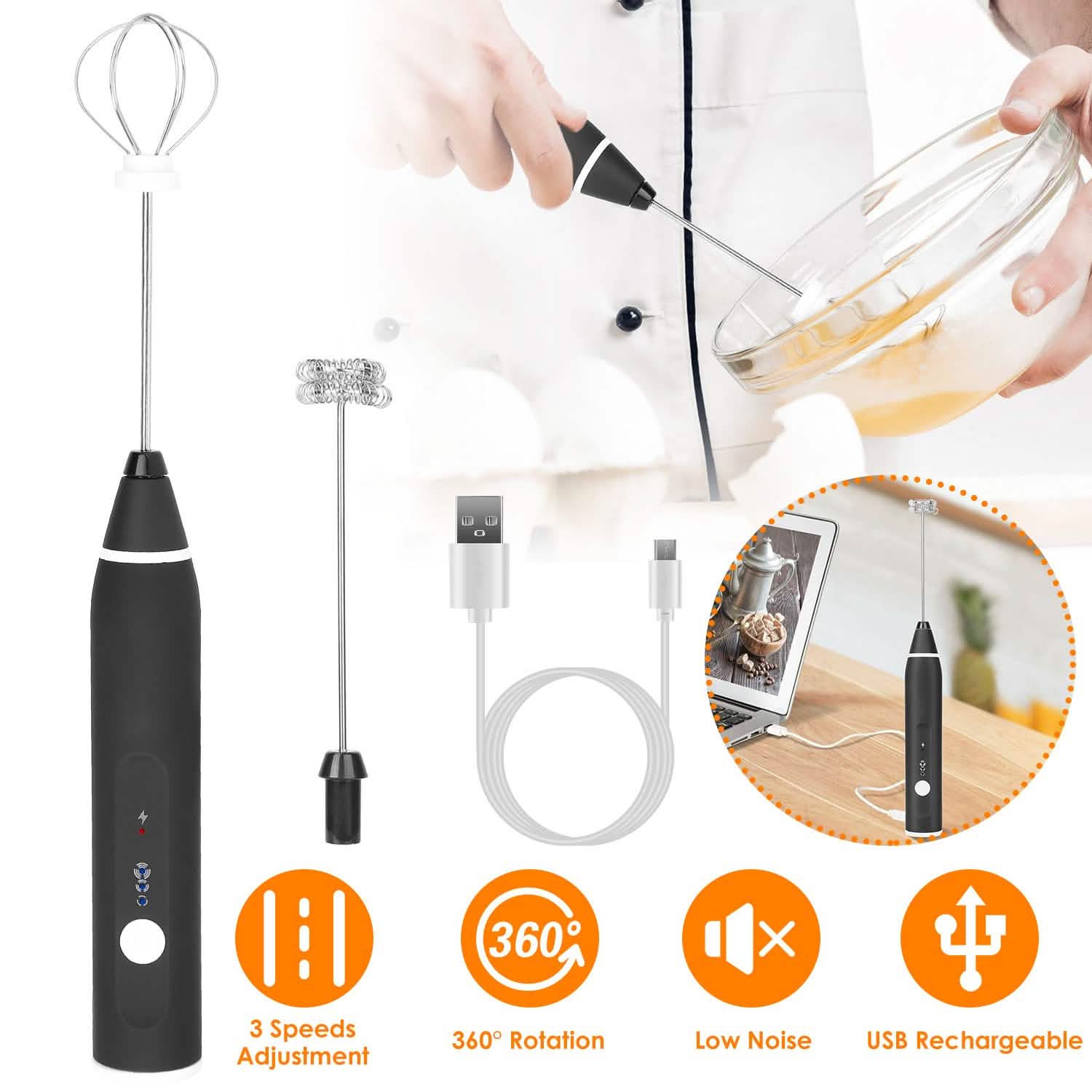 Electric Milk Frother with 2 Whisk Heads