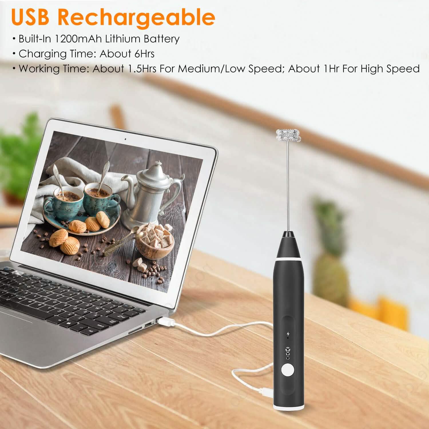 Electric Milk Frother with 2 Whisk Heads
