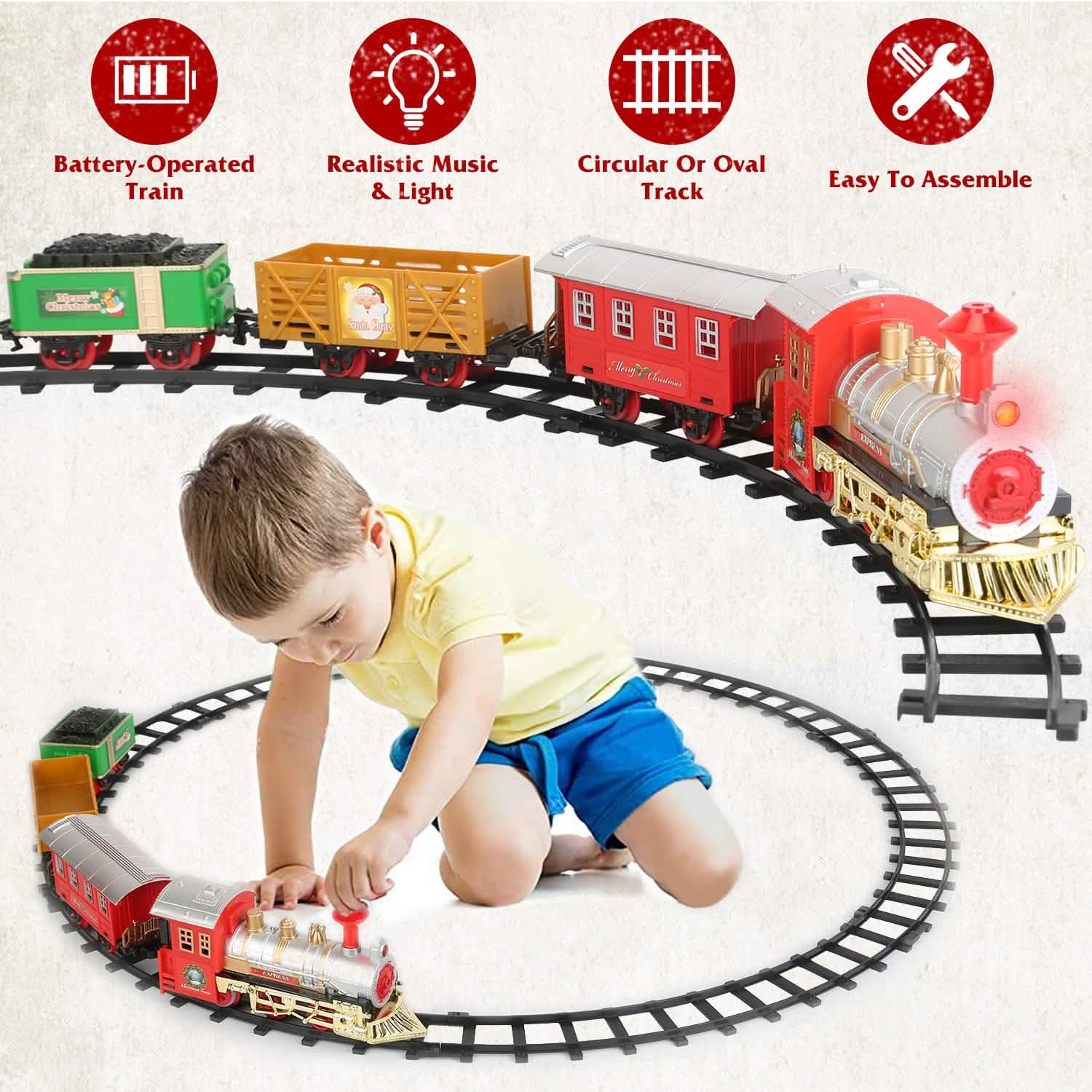 Electric Train Set Steam Locomotive Passenger Coach Coal with Sounds Light Railway