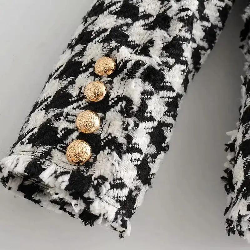 Elegance Women Tweed Jackets Fashionable Office Ladies Black Tassel Houndstooth Coats Female Autumn Vintage Thick Plaid Coat Girls Chic