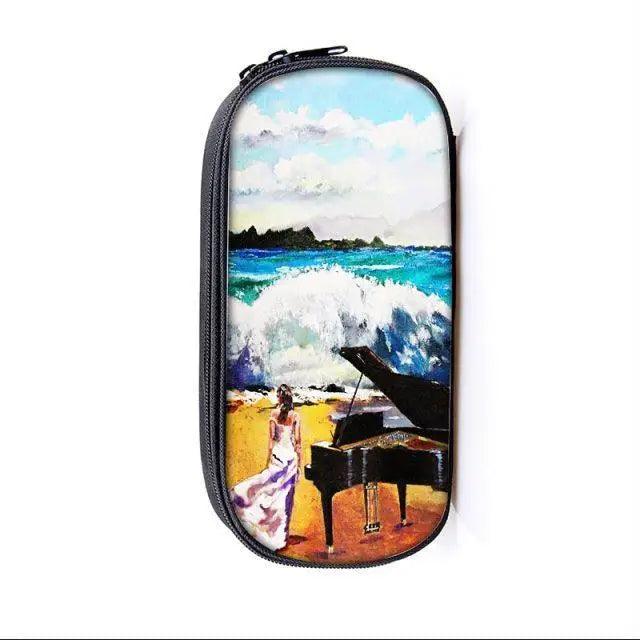 Elegant Music Note Piano Pen Case Holder Stylish Black/White Pencil Bag Guitar Pencil Case Unique Stationery Case For School