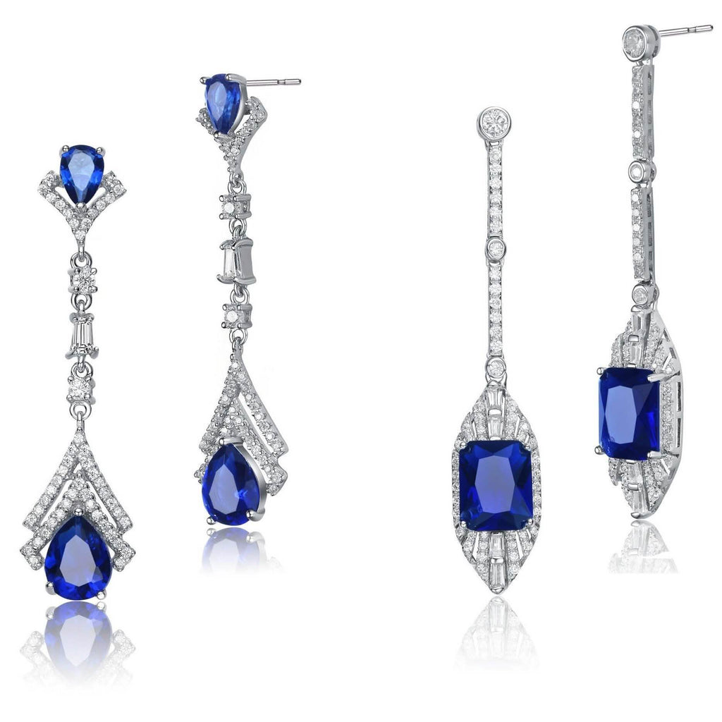 Elegant Sterling Silver Simulated with Rhodium Plated Sapphire Drop Earrings