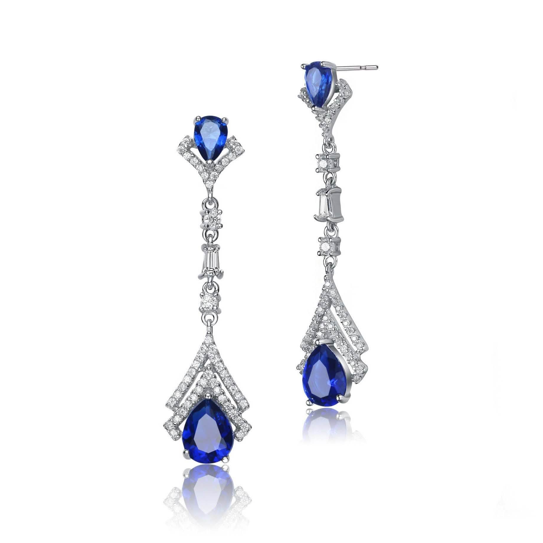 Elegant Sterling Silver Simulated with Rhodium Plated Sapphire Drop Earrings