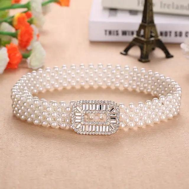 Elegant White Pearl Elastic Buckle Belt For Women Luxurious Strap Pearls Waistband Fashionable Design
