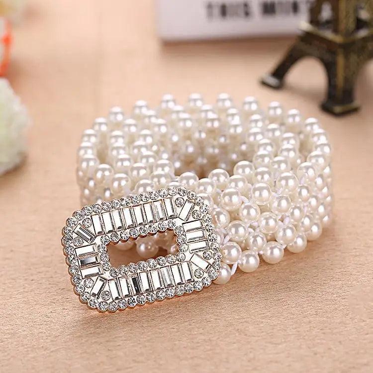 Elegant White Pearl Elastic Buckle Belt For Women Luxurious Strap Pearls Waistband Fashionable Design